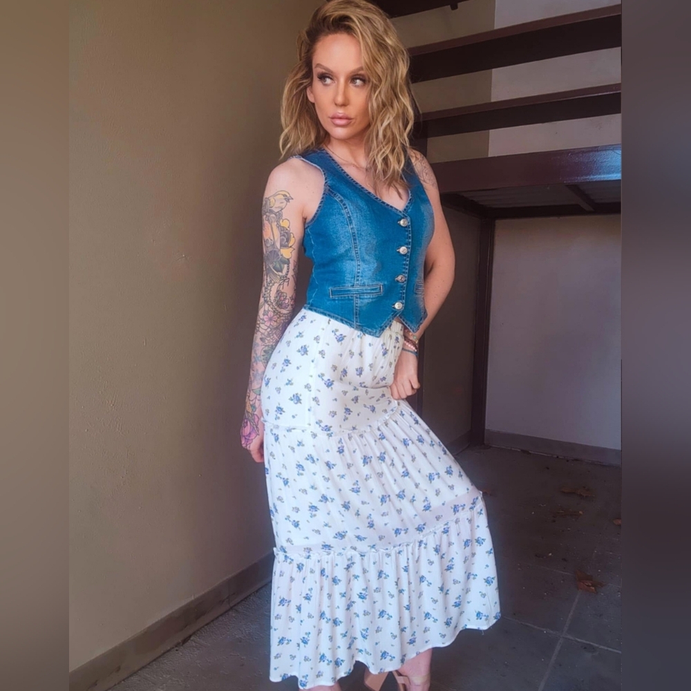 White Maxi Skirt with Blue Floral Print - Picture 5 of 8